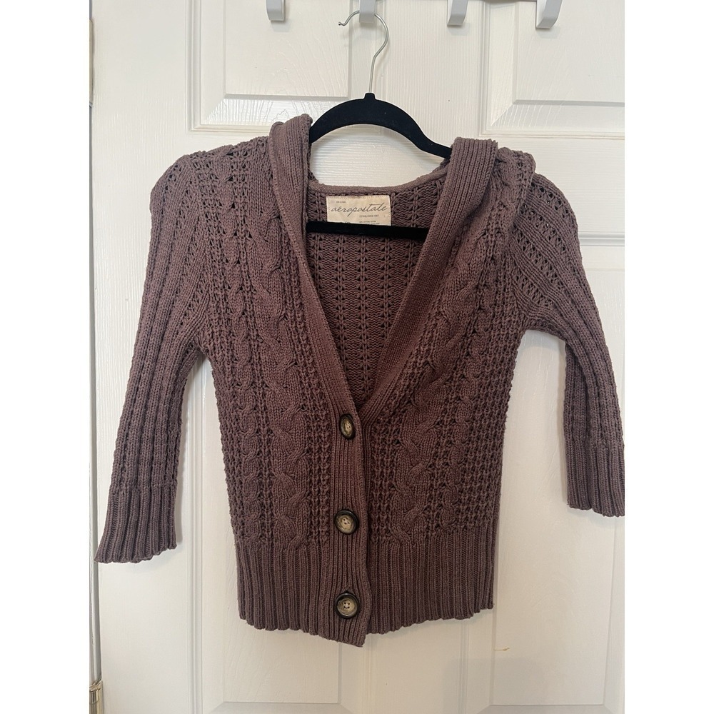 Vintage Aeropostale Cable Knit Cardigan Sweater Brown Small Boho Indie Y2K 2000s - Picture 1 of 4